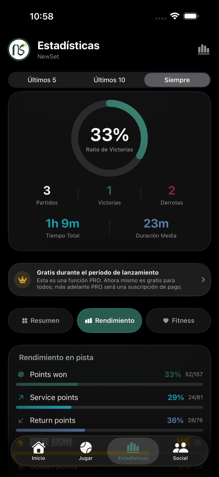 Pantalla de estadísticas de NewSet: ratio de victorias, partidos jugados y rendimiento en pista
