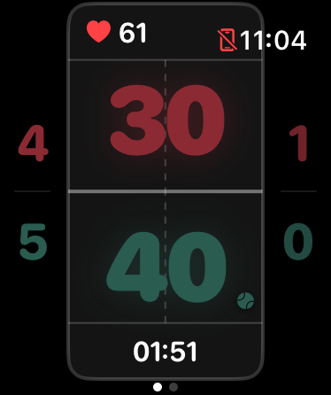 Marcador de NewSet en el Apple Watch: 40-30 con 5-4 en juegos y las pulsaciones en pantalla
